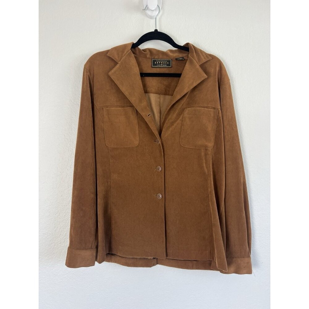 Express Vintage Faux Suede Brown Button Down Top Large Long Sleeve Western Boho